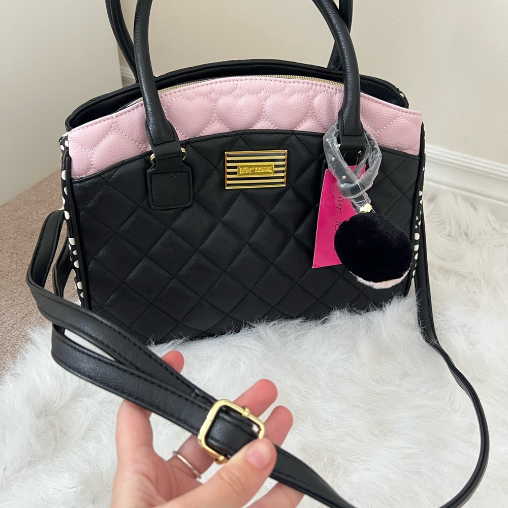 Betsey Johnson Black and Pink Quilted Satchel